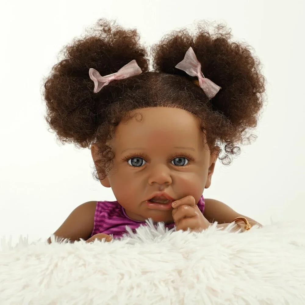 🆕22Inch African Americans Newborn Doll with Soft Cloth Body with Two Afro Puff